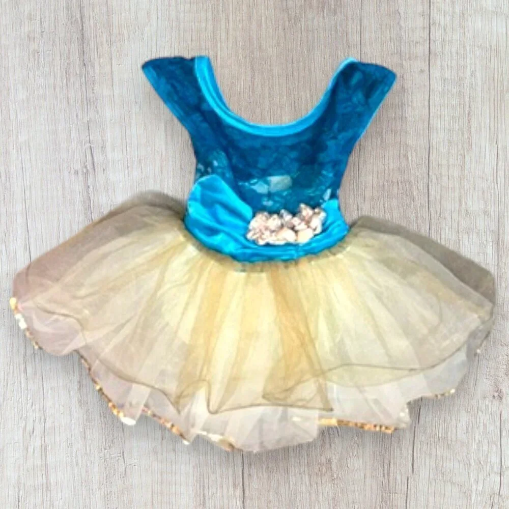 CURTAIN CALL Turquoise Aqua Velvet Lace Gold Tulle Dance Recital Costume CXS